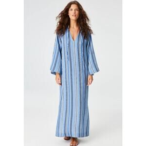 Lisa Marie Fernandez The Tunic Caftan In Sea Striped Linen Blue Maxi Dress NWT 0